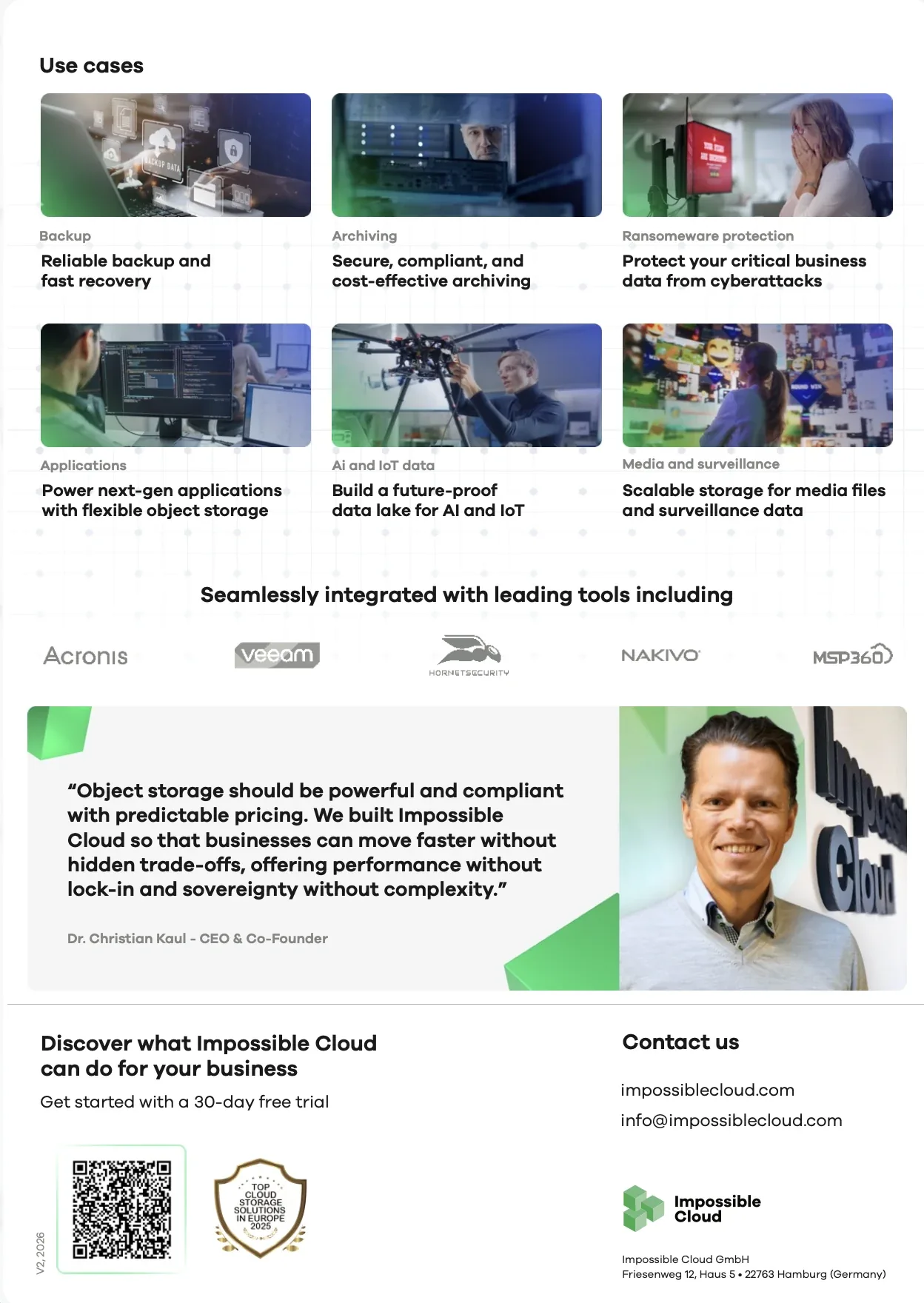 Product one-pager, page 2: use cases, integrations, a CEO quote and contact details