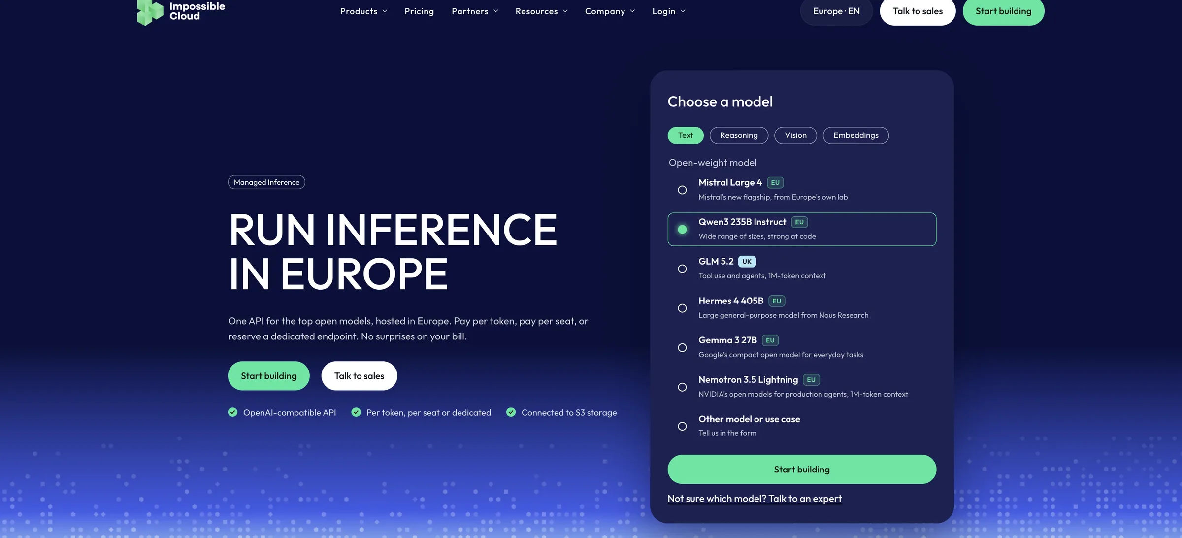Impossible Cloud managed inference page: Run inference in Europe, with a model picker