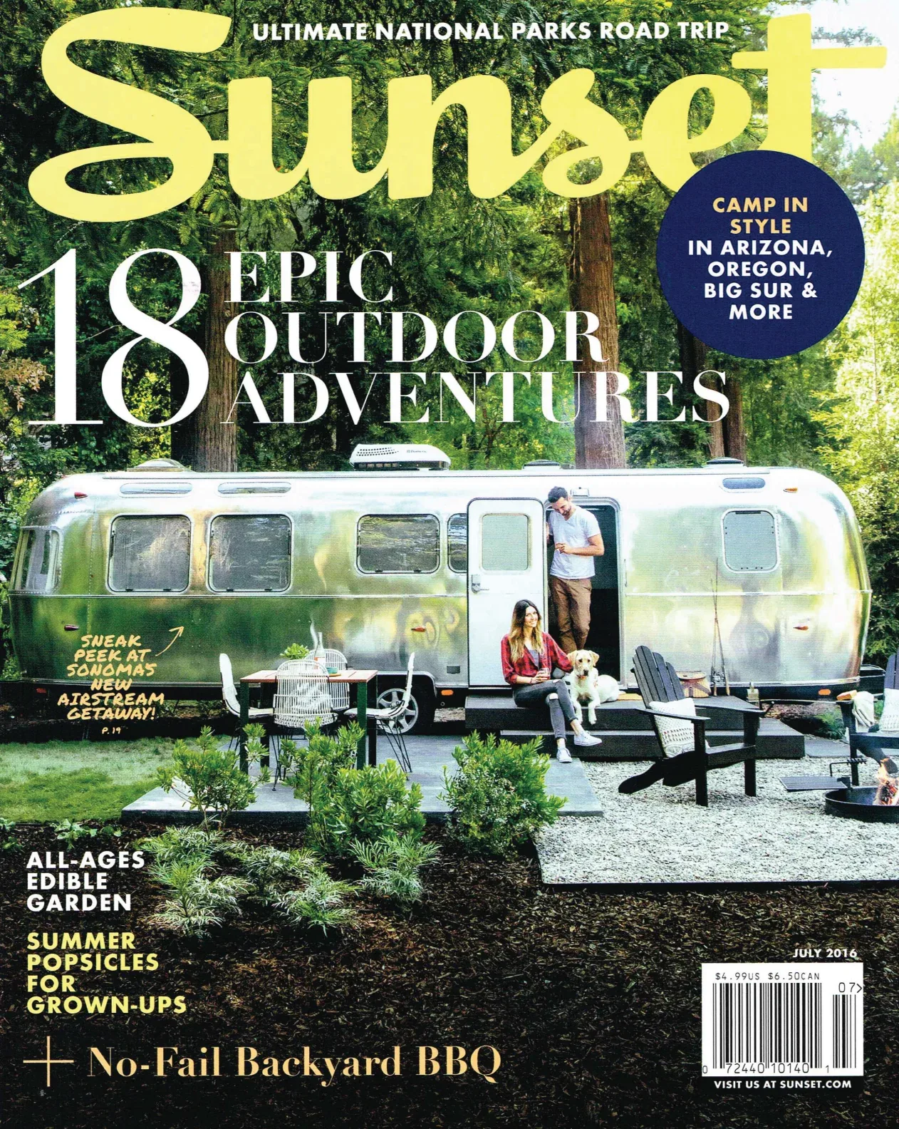 Sunset magazine July 2016 cover featuring an AutoCamp Sonoma Airstream
